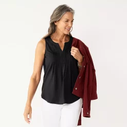 Women's Croft & Barrow® Pintuck Splitneck Sleeveless Top -Outlet Croft & Barrow Store 4799269 Black