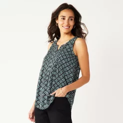 Women's Croft & Barrow® Pintuck Splitneck Sleeveless Top -Outlet Croft & Barrow Store 4799269 Black Tile Print