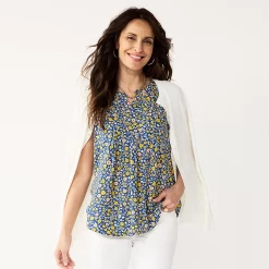 Women's Croft & Barrow® Pintuck Splitneck Sleeveless Top -Outlet Croft & Barrow Store 4799269 Blue Multi Floral
