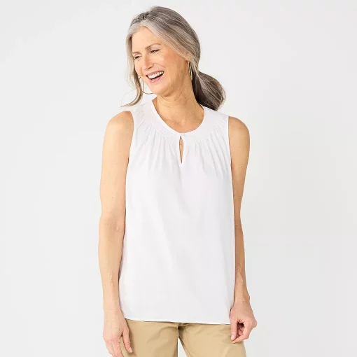 Women's Croft & Barrow® Pintuck Splitneck Sleeveless Top -Outlet Croft & Barrow Store 4799269 Bright White