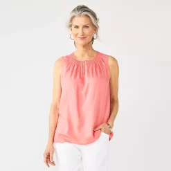 Women's Croft & Barrow® Pintuck Splitneck Sleeveless Top -Outlet Croft & Barrow Store 4799269 Coral