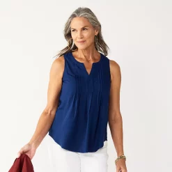 Women's Croft & Barrow® Pintuck Splitneck Sleeveless Top -Outlet Croft & Barrow Store 4799269 Navy