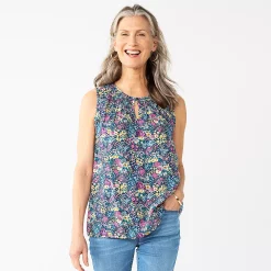 Women's Croft & Barrow® Pintuck Splitneck Sleeveless Top -Outlet Croft & Barrow Store 4799269 Navy Floral