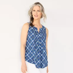 Women's Croft & Barrow® Pintuck Splitneck Sleeveless Top -Outlet Croft & Barrow Store 4799269 Navy Tile Print