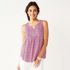 Women's Croft & Barrow® Pintuck Splitneck Sleeveless Top -Outlet Croft & Barrow Store 4799269 Pink Tile Print