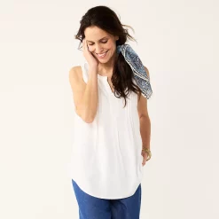 Women's Croft & Barrow® Pintuck Splitneck Sleeveless Top -Outlet Croft & Barrow Store 4799269 White