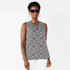 Women's Croft & Barrow® Pintuck Splitneck Sleeveless Top -Outlet Croft & Barrow Store 4799269 White Floral