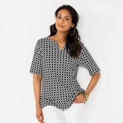 Women's Croft & Barrow® Elbow-Sleeve Splitneck Top -Outlet Croft & Barrow Store 4887344 Black Flower Geo