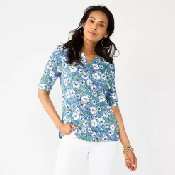 Women's Croft & Barrow® Elbow-Sleeve Splitneck Top -Outlet Croft & Barrow Store 4887344 Blue Poppy Gdn