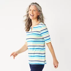 Women's Croft & Barrow® Elbow-Sleeve Splitneck Top -Outlet Croft & Barrow Store 4887344 Blue Sunset Stripe