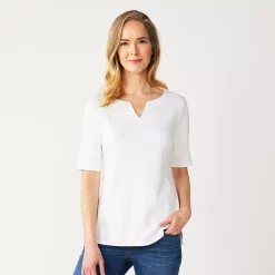 Women's Croft & Barrow® Elbow-Sleeve Splitneck Top -Outlet Croft & Barrow Store 4887344 Bright White