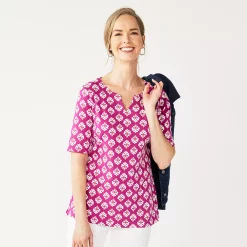 Women's Croft & Barrow® Elbow-Sleeve Splitneck Top -Outlet Croft & Barrow Store 4887344 Fuchsia Flower Tile