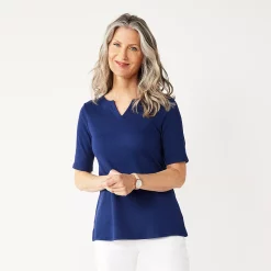 Women's Croft & Barrow® Elbow-Sleeve Splitneck Top -Outlet Croft & Barrow Store 4887344 Navy