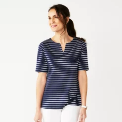 Women's Croft & Barrow® Elbow-Sleeve Splitneck Top -Outlet Croft & Barrow Store 4887344 Navy White Stripe