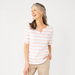 Women's Croft & Barrow® Elbow-Sleeve Splitneck Top -Outlet Croft & Barrow Store 4887344 Orange Open Stripe