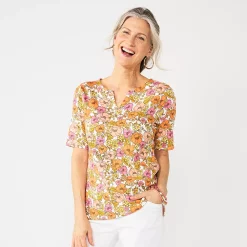 Women's Croft & Barrow® Elbow-Sleeve Splitneck Top -Outlet Croft & Barrow Store 4887344 Orange Poppy Gdn