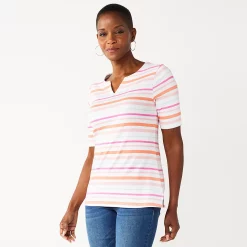 Women's Croft & Barrow® Elbow-Sleeve Splitneck Top -Outlet Croft & Barrow Store 4887344 Peach Sunset Stripe