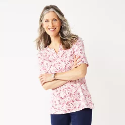 Women's Croft & Barrow® Elbow-Sleeve Splitneck Top -Outlet Croft & Barrow Store 4887344 Pink Scroll Tile