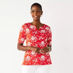 Women's Croft & Barrow® Elbow-Sleeve Splitneck Top -Outlet Croft & Barrow Store 4887344 Red Exploded Floral