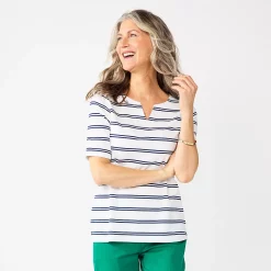 Women's Croft & Barrow® Elbow-Sleeve Splitneck Top -Outlet Croft & Barrow Store 4887344 White Navy Open Stripe