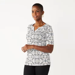 Women's Croft & Barrow® Elbow-Sleeve Splitneck Top -Outlet Croft & Barrow Store 4887344 White Scroll Tile