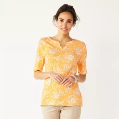 Women's Croft & Barrow® Elbow-Sleeve Splitneck Top -Outlet Croft & Barrow Store 4887344 Yellow Exploded Floral
