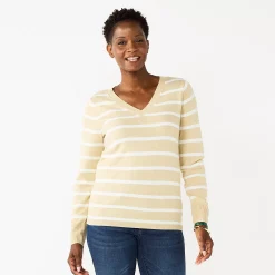 Women's Croft & Barrow® The Extra Soft V-Neck Sweater -Outlet Croft & Barrow Store 4922640 Beige Stripe