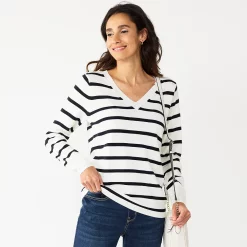 Women's Croft & Barrow® The Extra Soft V-Neck Sweater -Outlet Croft & Barrow Store 4922640 Navy Stripe