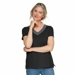 Women's Croft & Barrow® Embroidered V-Neck Top -Outlet Croft & Barrow Store 4961153 Black
