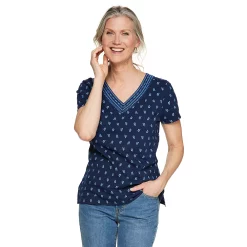 Women's Croft & Barrow® Embroidered V-Neck Top -Outlet Croft & Barrow Store 4961153 Blue Leaf Print