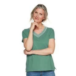 Women's Croft & Barrow® Embroidered V-Neck Top -Outlet Croft & Barrow Store 4961153 Green