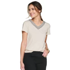 Women's Croft & Barrow® Embroidered V-Neck Top -Outlet Croft & Barrow Store 4961153 Natural Beige Heather