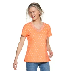 Women's Croft & Barrow® Embroidered V-Neck Top -Outlet Croft & Barrow Store 4961153 Orange Leaf Print