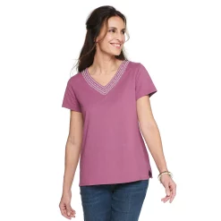 Women's Croft & Barrow® Embroidered V-Neck Top -Outlet Croft & Barrow Store 4961153 Plum