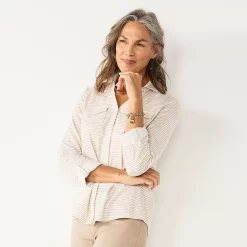 Women's Croft & Barrow® Soft Roll-Tab Shirt -Outlet Croft & Barrow Store 4971863 Khaki Simple Stripe