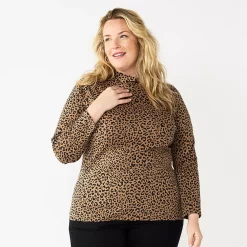 Plus Size Croft & Barrow® Essential Mockneck Top -Outlet Croft & Barrow Store 5035951 Brown Animal Print