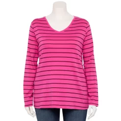 Plus Size Croft & Barrow® Essential V-Neck Top -Outlet Croft & Barrow Store 5036908 Pink Plum Simple Strip