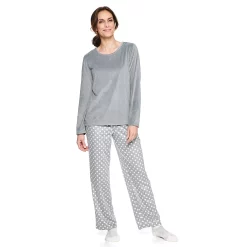 Petite Croft & Barrow® Velour Long Sleeve Pajama Top & Pajama Pants Set -Outlet Croft & Barrow Store 5041069 Gray Dot Rib