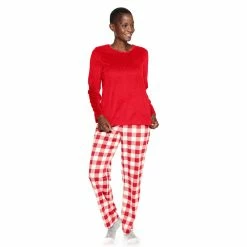 Petite Croft & Barrow® Velour Long Sleeve Pajama Top & Pajama Pants Set -Outlet Croft & Barrow Store 5041069 Red Buffalo Rib