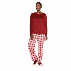 Petite Croft & Barrow® Velour Long Sleeve Pajama Top & Pajama Pants Set -Outlet Croft & Barrow Store 5041069 Red Pink Buffalo Rib