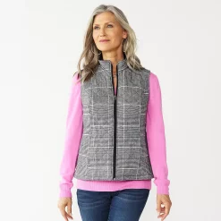 Petite Women's Croft & Barrow® Woven Quilted Vest -Outlet Croft & Barrow Store 5055459 Black Plaid