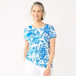 Petite Croft & Barrow® Essential Crewneck Tee -Outlet Croft & Barrow Store 5193524 Blue Folk Floral