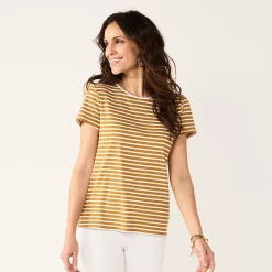 Petite Croft & Barrow® Essential Crewneck Tee -Outlet Croft & Barrow Store 5193524 Brown Clean Stripe