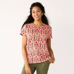 Petite Croft & Barrow® Essential Crewneck Tee -Outlet Croft & Barrow Store 5193524 Coral Daisy Medallion
