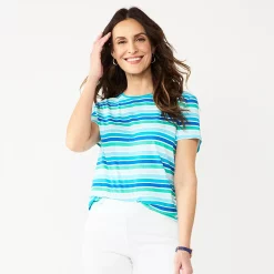 Petite Croft & Barrow® Essential Crewneck Tee -Outlet Croft & Barrow Store 5193524 Teal Multi Stripe