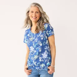 Petite Croft & Barrow® Essential V-Neck Tee -Outlet Croft & Barrow Store 5211690 Blue Folk Floral