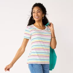 Petite Croft & Barrow® Essential V-Neck Tee -Outlet Croft & Barrow Store 5211690 Multi Thin Stripe