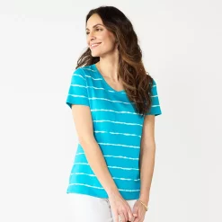 Petite Croft & Barrow® Essential V-Neck Tee -Outlet Croft & Barrow Store 5211690 Teal Dye Stripe
