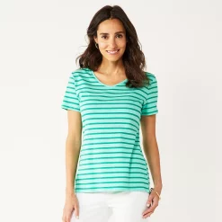 Petite Croft & Barrow® Essential V-Neck Tee -Outlet Croft & Barrow Store 5211690 Tonal Teal Stripe