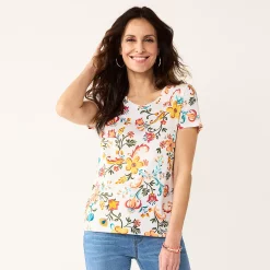 Petite Croft & Barrow® Essential V-Neck Tee -Outlet Croft & Barrow Store 5211690 White Folk Floral
